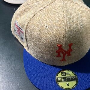 New Era Tan Crown Cap with Royal Blue Brim and Red Logo Size 8